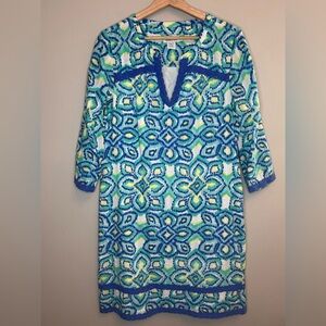 Vineyard Vines Ikat Medallion blue green yellow print‎ Tunic Dress  12